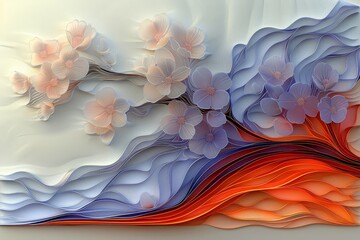 Wall Mural - Flat, sculpted floral composition in white, orange, red, pink and blue 