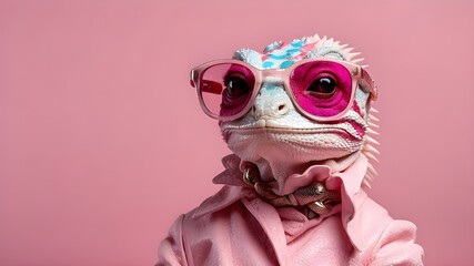 Chic and colorful fashion accessory idea for beauty and art fans featuring a colorful chameleon lizard wearing fashionable pink spectacles and posed against a matching pink background.