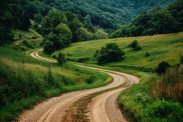 Poster - distant view of a winding dirt road through countryside landscape rural scenery photography