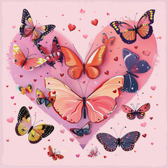 Wall Mural - Hearted butterflies on pink background, AI Generative
