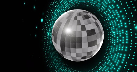 Poster - Image of retro disco mirror ball and glowing blue light on black background