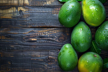 green mangoes on wooden background