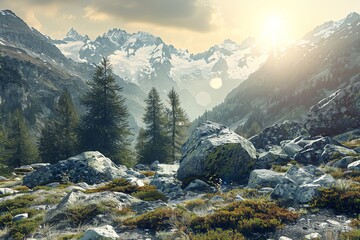 Wall Mural - Sunrise over a breathtaking mountain landscape with snow-capped peaks, green meadows, and rocky terrain. Concept of adventure, nature, and wilderness.