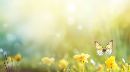 Beautiful spring meadow background with a butterfly flying in the sunlight