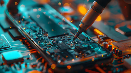 The abstract image of the technician assembling inside of smartphone by screwdriver in the lab. the concept of computer hardware, mobile phone.