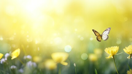 Beautiful spring meadow background with a butterfly flying in the sunlight