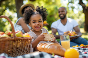 Wall Mural - A multiracial family enjoying their picnic in the park, with one child eating bread and fruit while sitting on a checkered blanket.