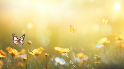 Beautiful spring meadow background with a butterfly flying in the sunlight