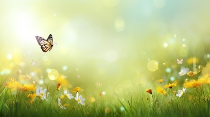 Beautiful spring meadow background with a butterfly flying in the sunlight