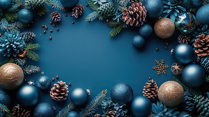 Wall Mural - christmas holiday flat lay composition with blue decorations on blue background xmas banner mockup with copy space.image