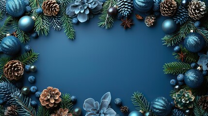 Wall Mural - christmas holiday flat lay composition with blue decorations on blue background xmas banner mockup with copy space.illustration