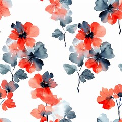 Wall Mural - Watercolor seamless pattern with red flowers and grey leaves on white background.