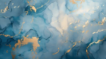 Wall Mural - HD realistic wall design with an abstract watercolor pattern in shades of blue and gold, creating a serene yet luxurious atmosphere.