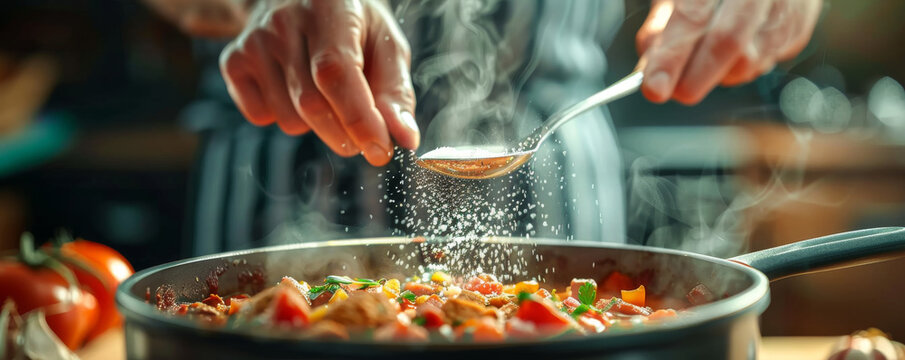 Close up of chef salting a steaming pot of vegetables
