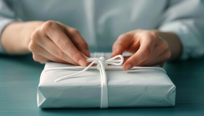 Wall Mural - Woman's Hand Tying a White Ribbon on a Gift Box