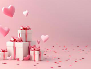 Gift boxes and hearts on pink background.