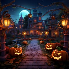 Wall Mural - Haunted Halloween house with spooky pumpkins and lanterns. Illustration of a creepy castle on a spooky night. Perfect for Halloween decorations, backgrounds, cards, and invitations.