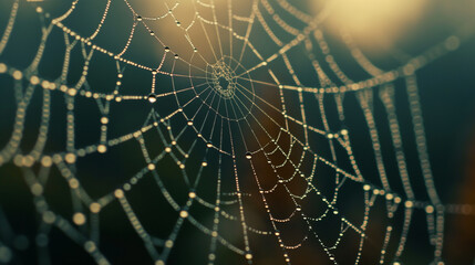A close-up of water droplets on a spider's web, capturing the delicate balance of nature, macro photography, spider web, hd, intricate with copy space