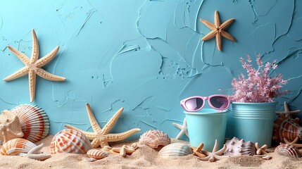 Wall Mural - beach sand toys with child sunglasses on blue background summer vacation concept.illustration