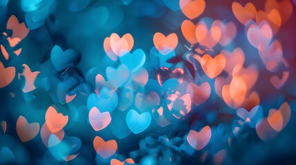 Wall Mural - Light neon lighting bokeh valentine background, Abstract background with light blue hearts bokeh