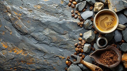 flatlay composition with carpenters tools and coffee mug on stone background happy father s day concept top view.illustration