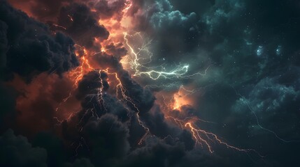 Wall Mural - Lightning thunderstorm flash over the night sky. Concept on topic weather, cataclysms