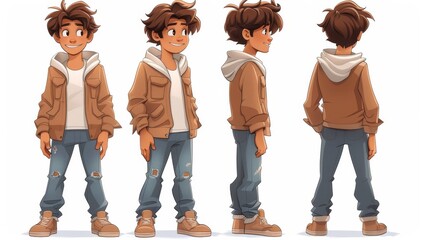 Casual male game character concept art with a smile on white background in 2D game style.