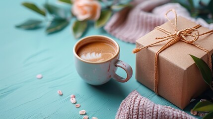 Wall Mural - happy fathers day vertical banner with gift box coffee cup glasses topper happy father s day on pastel blue background.stock photo