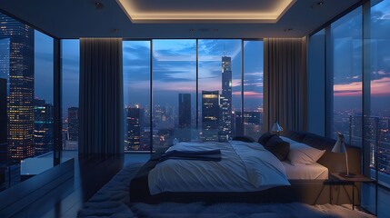 Wall Mural - Luxurious bedroom with large aluminum glass windows providing a panoramic cityscape view at dusk, featuring sleek, frameless design.
