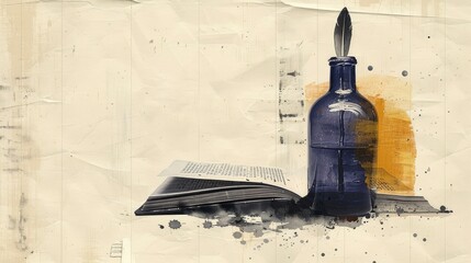 a minimalistic collage of literature and poetry, featuring an illustration of an open book with a quill and ink bottle. 