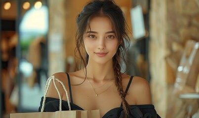 cute fashionable asian woman two side braids in trendy black dress perfect slim fit body clean fresh skin posing lady good shape model holding shopping bags.image