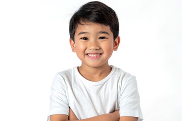 Portrait of a happy and smiling young Asian boy with crossed arms on a white background. Concepts. childhood, innocence, happiness, joy.