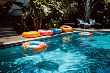 Inviting swimming pool with colorful inflatables on a sunny day. Summer vibes, relaxation, vacation rental, backyard paradise, pool party concept