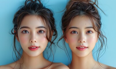 young asian beauty happy woman pull back hair with koreans makeup style on face and perfect clean sk