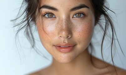 Wall Mural - asian woman with a beautiful face and fresh smooth skin cute female model with natural makeup and sparkling eyes is posing on white , background.photo stock