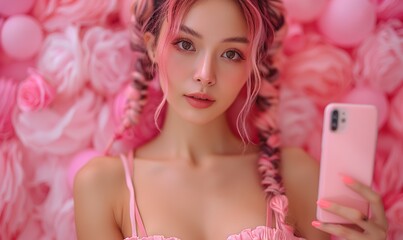 full length gorgeous fashionable asian woman two side braids in tight trendy dress perfect slim fit body clean fresh skin holding mobile phone selfie on , pink background.image graphic