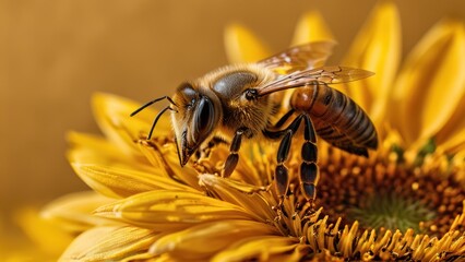 A honeybee on a sunflower petal, set against a bright yellow background, captured with brilliant macro photography.