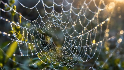 A close-up of a dew-covered spider web, captured in stunning detail.