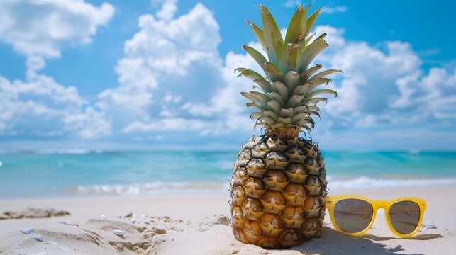 Pineapple with sunglasses on tropical beach background