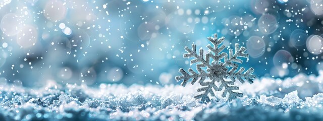 Sparkling Silver Snowflake on Blue Snowy Background