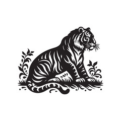 Hand Drawn Tiger Silhouette Isolated On White Background. Vector Illustration In Flat Style.