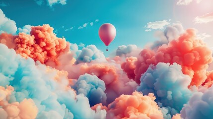 Wall Mural - The balloon is pink and orange, and the smoke is a mix of red, blue, and yellow