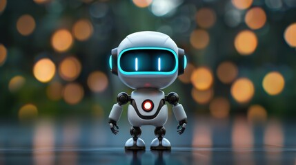 A robot is standing on a table with a red light on its chest