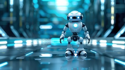 Poster - A robot is standing in a room with blue walls