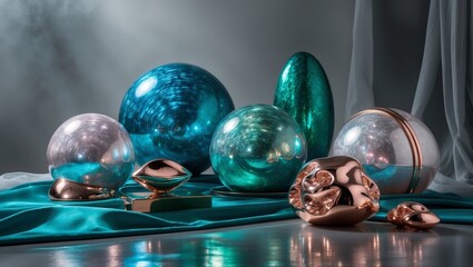 Wall Mural - A still life arrangement of metallic spheres and sculptures on a teal fabric