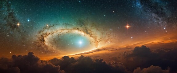 A view from above the clouds showing a bright star and galaxy in the night sky