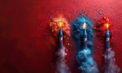 Wall Mural - firework rockets on red background with confetti flat lay happy independence day banner design.image illustration