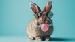 © hisilly - Stylish Rabbit Enjoying Bubble Gum on Teal Background