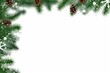 © DailyStock - Green Pine Tree Branches With Snowflakes and Pine Cones Bordering a White Background