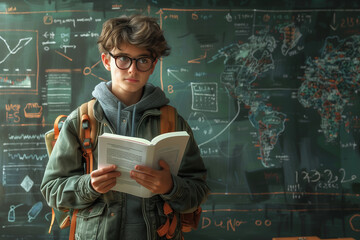 Poster - Student reading in front of the blackboard in the classroom